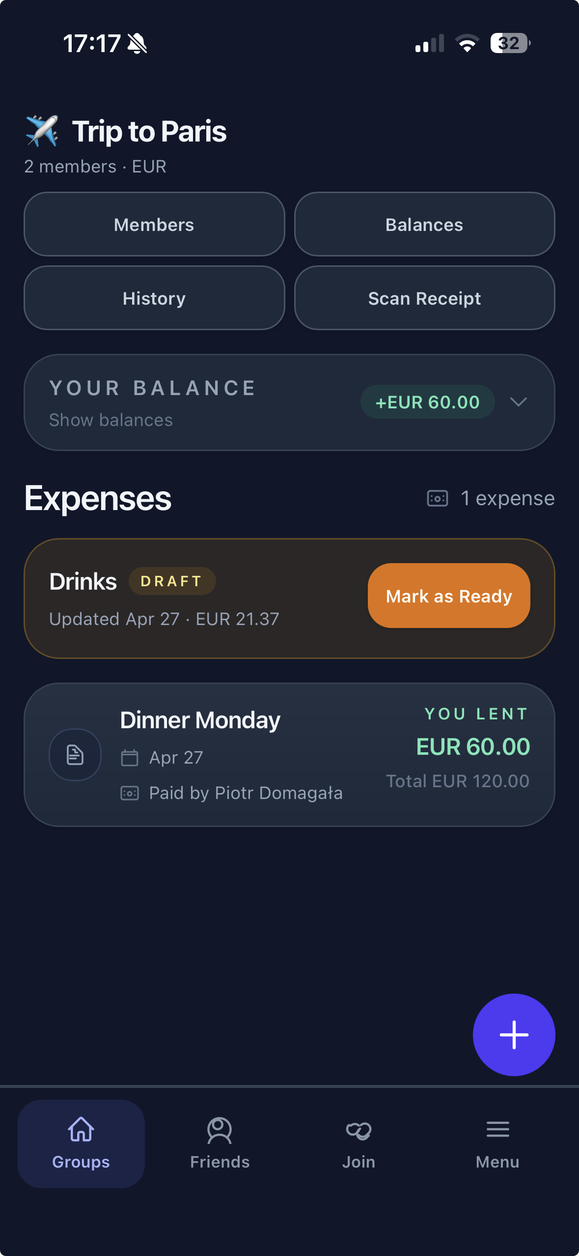 SplitEase mobile PWA screenshot showing the home dashboard on an iPhone-sized screen